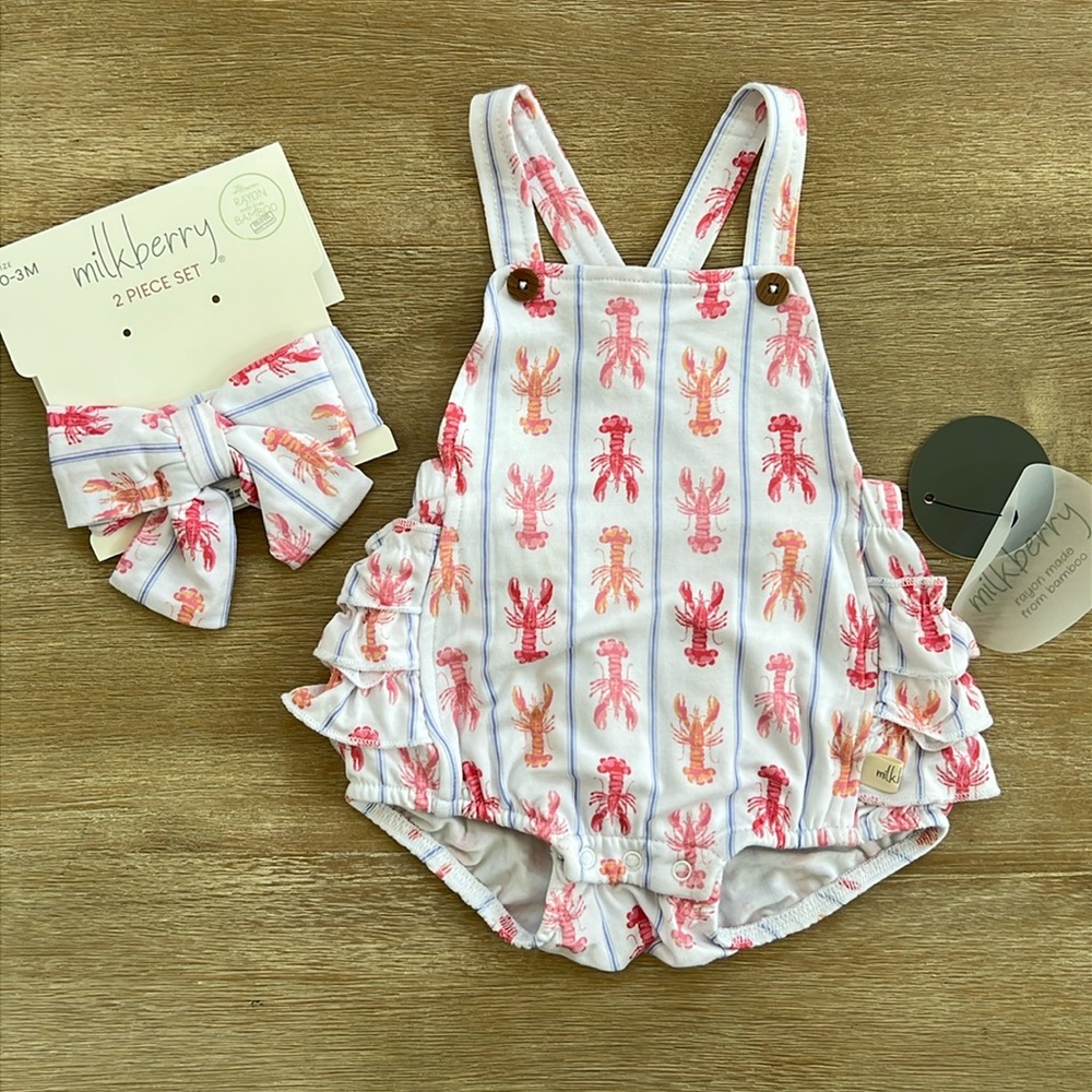 Milkberry Baby Girl Bamboo Lobster Ruffle Bubble Romper 0-3 months - Picture 4 of 7